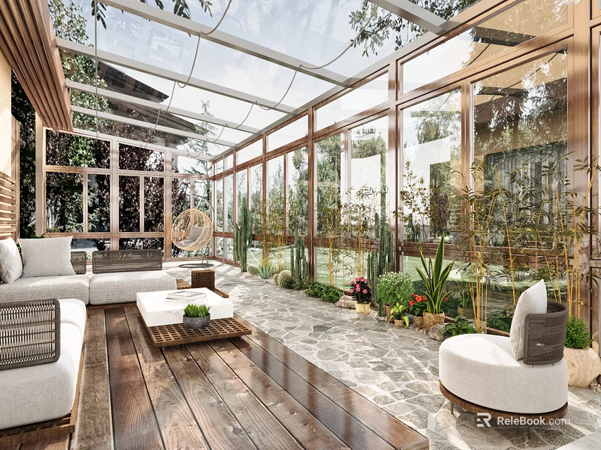 Glass Sunroom Interior With Natural Light Wooden Flooring Sofa Coffee Table And Plants 3d model 