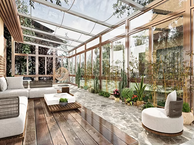 Glass Sunroom Interior With Natural Light Wooden Flooring Sofa Coffee Table And Plants 3d model