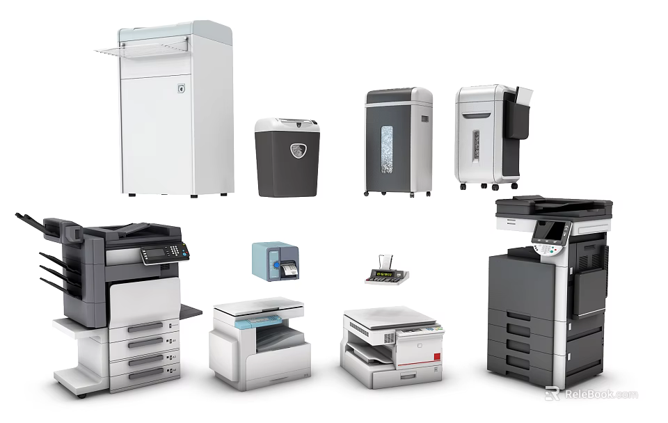 Essential Office Appliances for Modern Workspace Including Multifunctional Printers Shredders And Scanners 3d model 