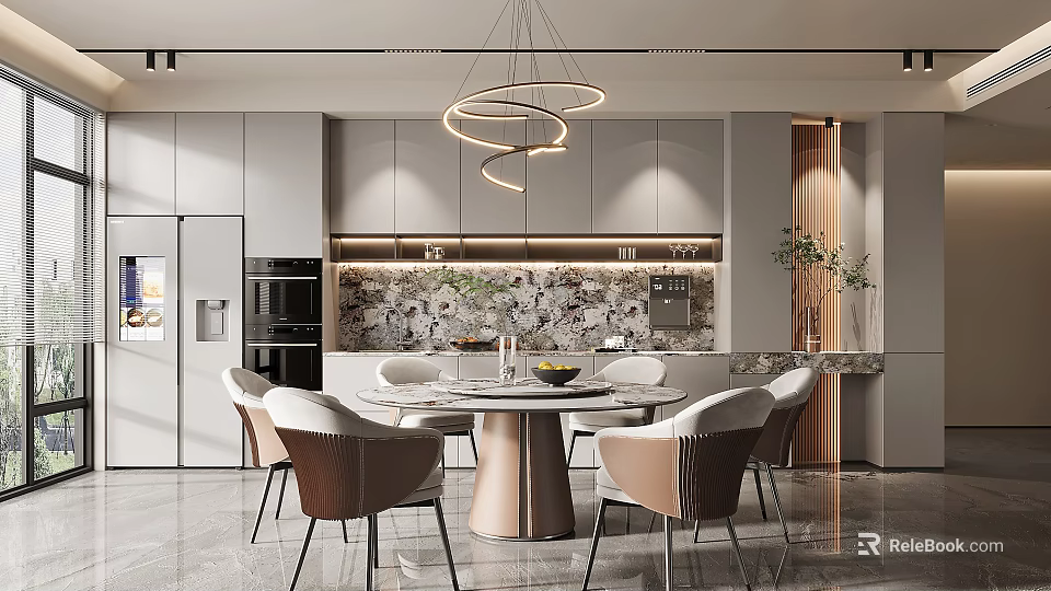 Modern Restaurant Interior With Round Dining Table Chairs Marble Backsplash And Hanging Pendant Lights 3d model
