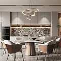 Modern Restaurant Interior With Round Dining Table Chairs Marble Backsplash And Hanging Pendant Lights 3d model