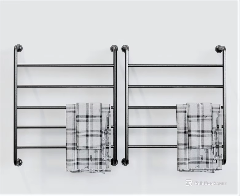 Double Black Wall Mounted Bathroom Towel Racks With Checkered Towels 3d model 