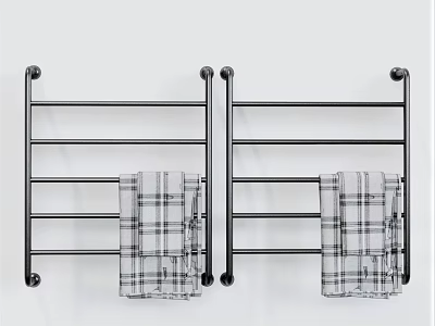 Double Black Wall Mounted Bathroom Towel Racks With Checkered Towels 3d model