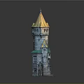 Cartoon Style Fantasy Tower Scene With Golden Spire Multiple Floors And Stone Walls