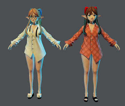 Two Game Movie Characters with Elf Ears Glasses Pigtails White Coat Red Plaid Shirt 3d model