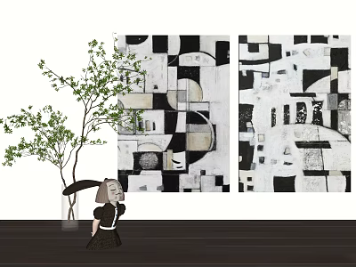 Modern Interior Scene With Girl Tree And Black White Abstract Wall Paintings 3d model