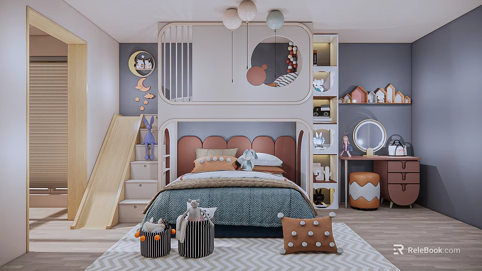 Kids Room Interior Design With Slide Bunk Bed Pink Headboard Gray Walls And Geometric Rug 3d model 