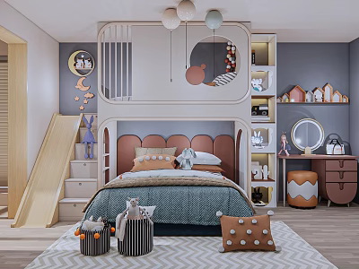 Kids Room Interior Design With Slide Bunk Bed Pink Headboard Gray Walls And Geometric Rug 3d model