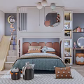 Kids Room Interior Design With Slide Bunk Bed Pink Headboard Gray Walls And Geometric Rug