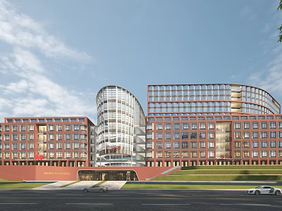 Modern Multi Story Red Brick Building With Glass Curtain Wall Curved Design And Green Lawn 3d model