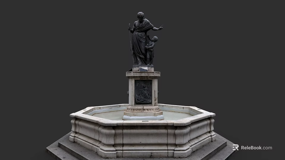 Classic Water Fountain With Octagonal Stone Base Adult Child Statue And Decorative Carvings 3d model 