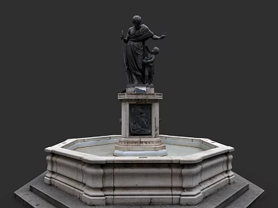 Classic Water Fountain With Octagonal Stone Base Adult Child Statue And Decorative Carvings 3d model