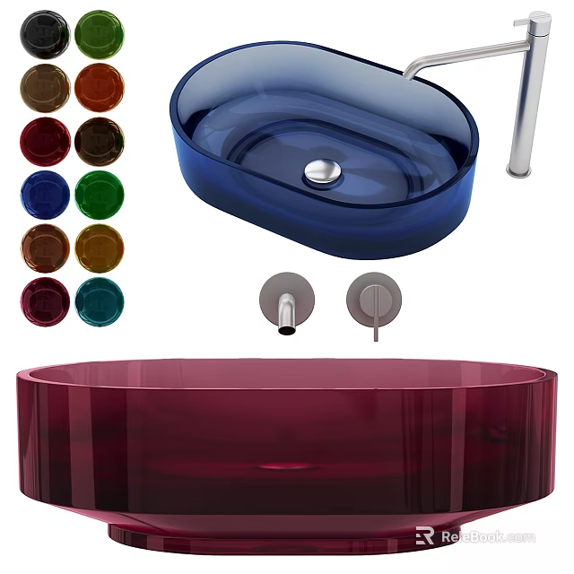 Colorful Transparent Glass Wash Basins With Silver Faucet And Multi Color Drain Covers 3d model 