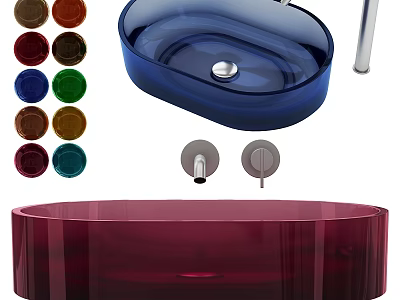 Colorful Transparent Glass Wash Basins With Silver Faucet And Multi Color Drain Covers 3d model