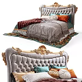 Luxurious Ornate Double Bed With Tufted Headboard Colorful Pillows Fringed Blanket And Golden Carved Details