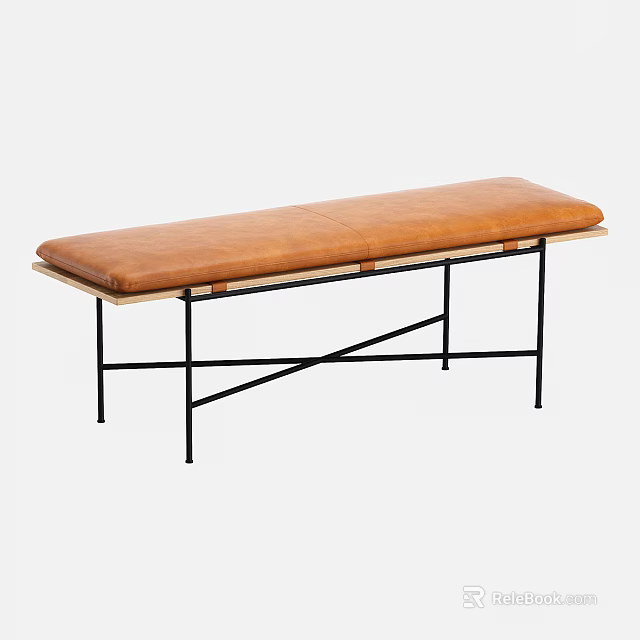 Modern Stylish Sofa Bench With Brown Padded Seat And Black Metal Frame 3d model 