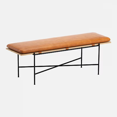 Modern Stylish Sofa Bench With Brown Padded Seat And Black Metal Frame 3d model