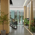 Modern Cyber Cafe Interior With Glass Brick Wall And Green Plants On Marble Countertop