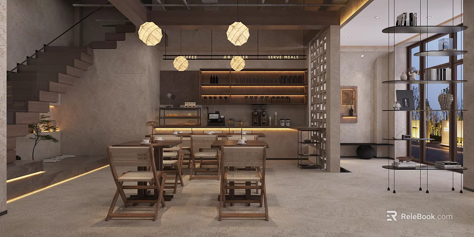 Cozy Café Interior Design With Wooden Tables Chairs Pendant Lights And Bar Counter 3d model 