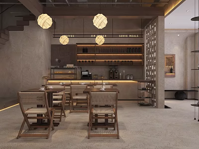 Cozy Café Interior Design With Wooden Tables Chairs Pendant Lights And Bar Counter 3d model