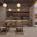 Cozy Café Interior Design With Wooden Tables Chairs Pendant Lights And Bar Counter