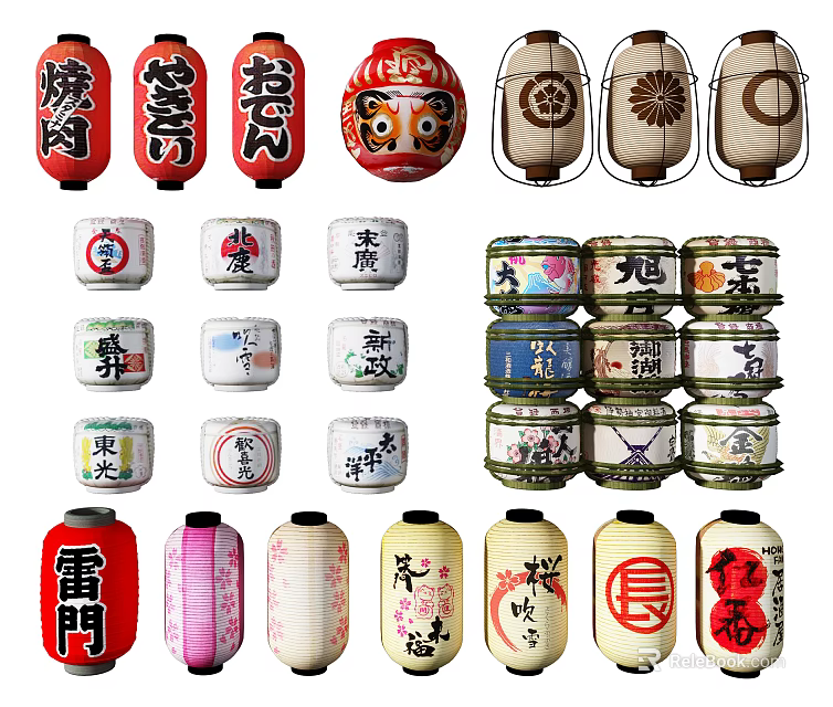 Traditional Decorative Lanterns with Various Oriental Patterns and Cultural Designs in Different Styles and Colors 3d model 