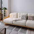 Beige Three-Seater Sofa with Geometric Chevron Pillows Green Floor Lamp Plant and Striped Rug