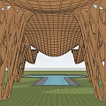 Wooden Pergola with Intricate Grid Design and Pool Below Connected Sections