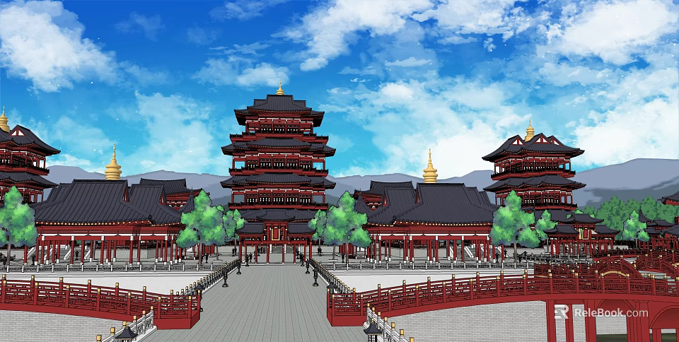 Ancient Chinese Architecture With Pagoda Towers Black Tiled Roofs Red Pillars And Green Trees 3d model 
