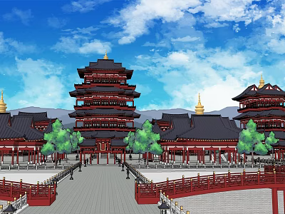 Ancient Chinese Architecture With Pagoda Towers Black Tiled Roofs Red Pillars And Green Trees 3d model
