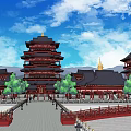 Ancient Chinese Architecture With Pagoda Towers Black Tiled Roofs Red Pillars And Green Trees
