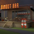 Sunset Liquor Store Featuring Neon Sign Outdoor Patio Tables And Surfboard Decor