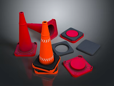 Orange And Red Traffic Cones With Square Round Pads And Bases 3d model