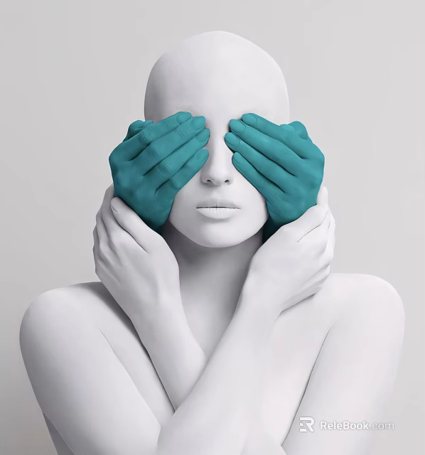 Artistic Decorative Ornament Set with White Mannequin Head and Green White Hands Covering Eyes 3d model 