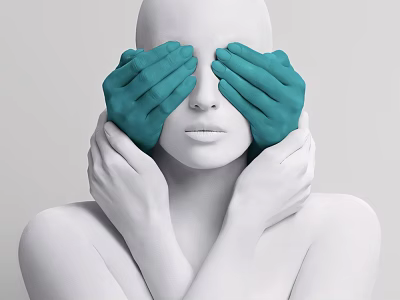 Artistic Decorative Ornament Set with White Mannequin Head and Green White Hands Covering Eyes 3d model