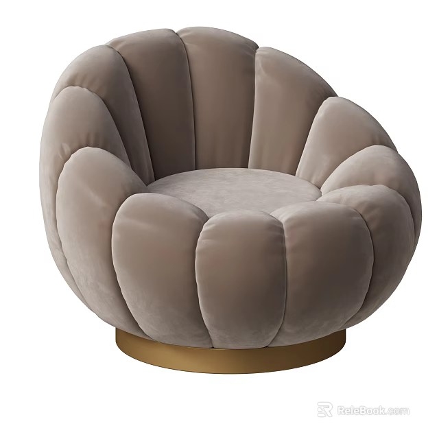 Light Brown Velvet Single Seater Sofa With Puffed Design And Golden Round Base 3d model 