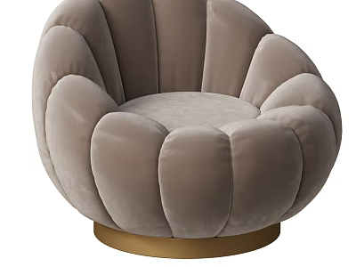 Light Brown Velvet Single Seater Sofa With Puffed Design And Golden Round Base 3d model