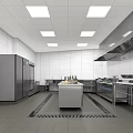 Commercial Kitchen With Stainless Steel Equipment White Tiled Walls Square Ceiling Lights And Central Worktable