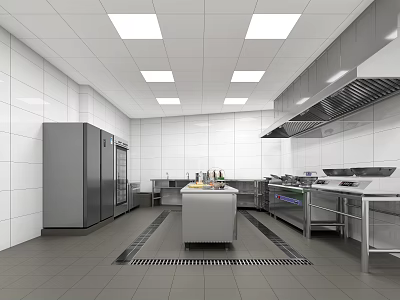 Commercial Kitchen With Stainless Steel Equipment White Tiled Walls Square Ceiling Lights And Central Worktable 3d model