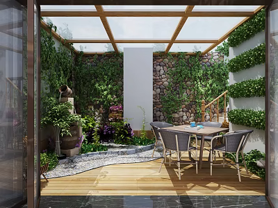 Villa Balcony With Glass Roof Stone Wall Lush Greenery Wooden Flooring And Outdoor Dining Area 3d model