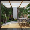 Villa Balcony With Glass Roof Stone Wall Lush Greenery Wooden Flooring And Outdoor Dining Area