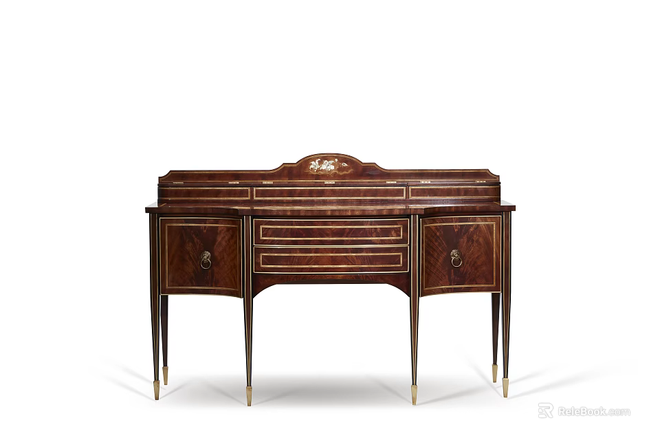 Classic Wooden Sideboard With Dark Brown Finish Carved Top And Gold Accent Legs 3d model 