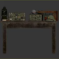 Vintage Household Items Display on Wooden Table with Old Radio Metal Container Hat and Lamp