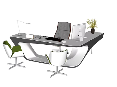 Sleek Modern Office Desk With Computer Monitor Desk Lamp Potted Plant And Chairs 3d model