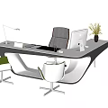 Sleek Modern Office Desk With Computer Monitor Desk Lamp Potted Plant And Chairs