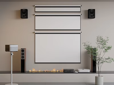 Projection Monitoring System With Large Screen Speakers Fireplace And Indoor Plants Setup 3d model