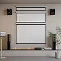 Projection Monitoring System With Large Screen Speakers Fireplace And Indoor Plants Setup