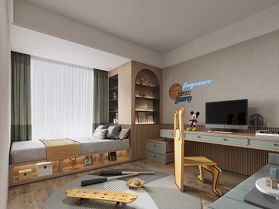 Cozy Kids Room Interior Design With Bed Desk TV Mickey Mouse Toy Scooter And Bookshelf 3d model