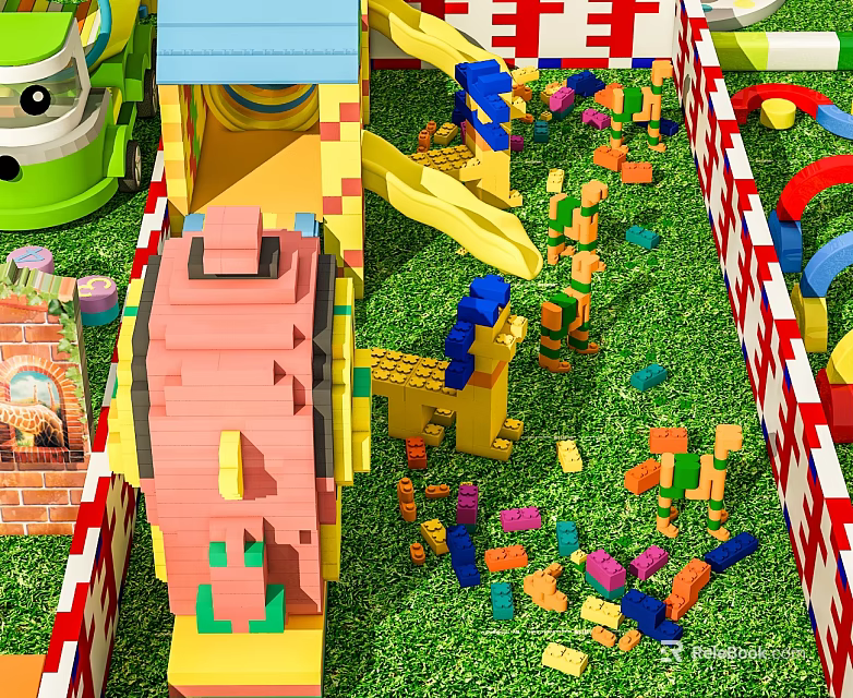 Colorful Kids Playground With Building Blocks Slide Green Toy Car And Grass Fence 3d model 