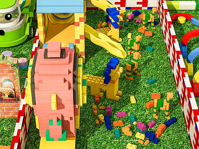 Colorful Kids Playground With Building Blocks Slide Green Toy Car And Grass Fence 3d model